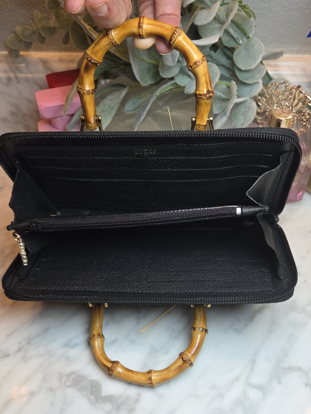 Authentic Gucci Vintage Black Suede Double Bamboo-Handle Wallet - Picture 3 of 10
